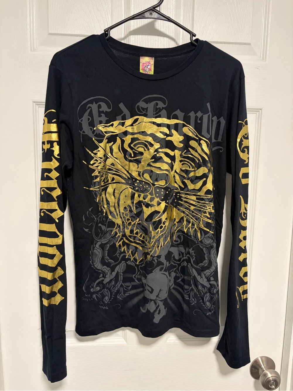 Vintage Ed Hardy Black Long-Sleeve Tee with Gold Tiger Graphic